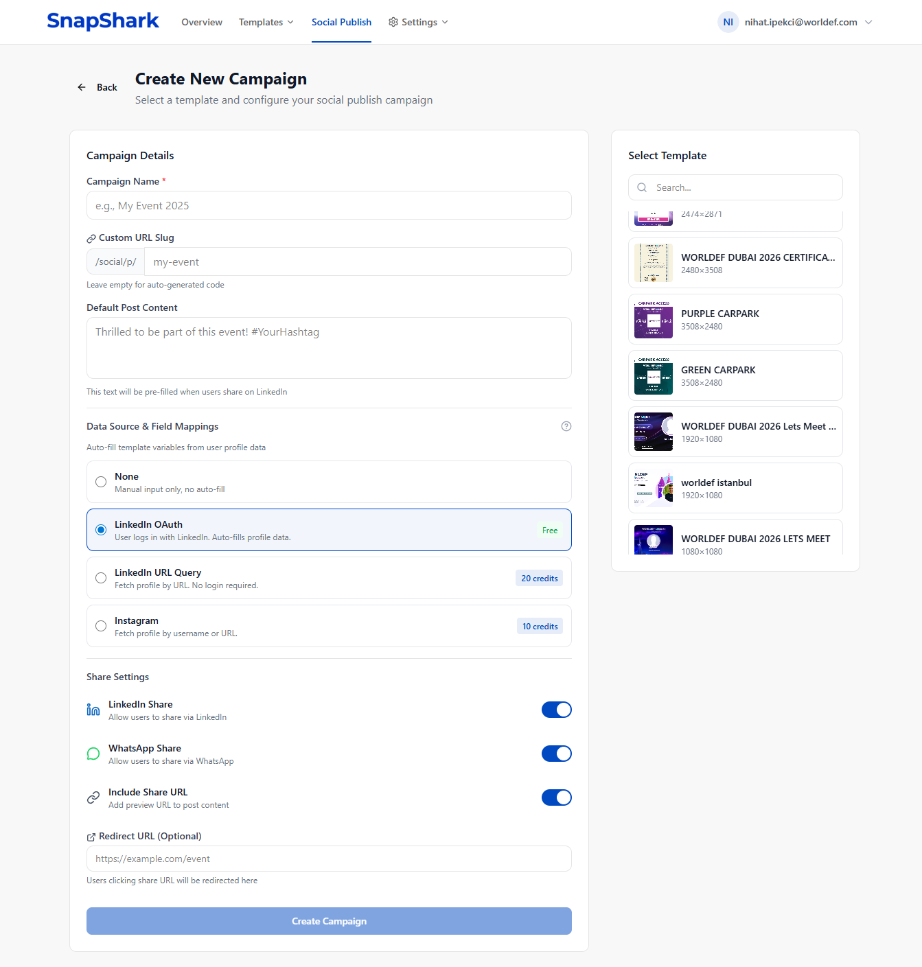 Create a Social Publish Campaign - Campaign Setup Form