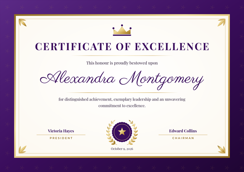 Royal Purple & Gold Certificate of Excellence