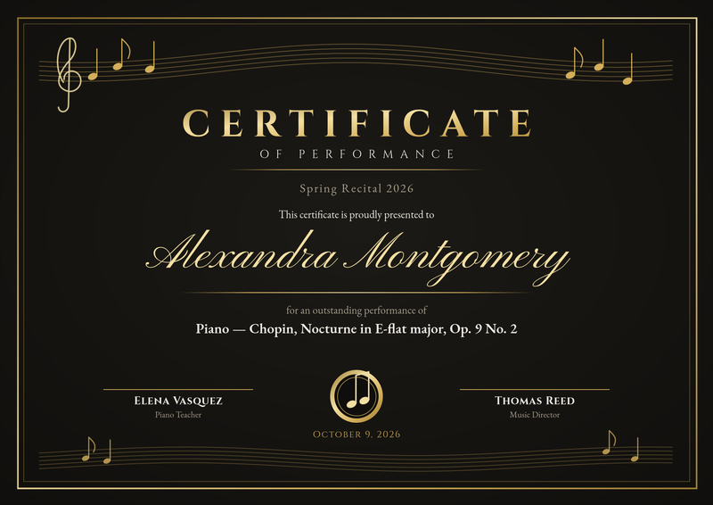 Black & Gold Music Recital Certificate
