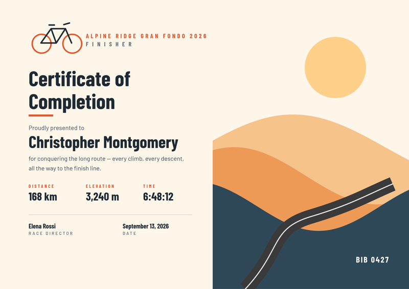 Gran Fondo Cycling Finisher Certificate