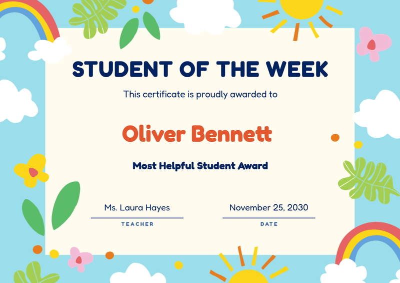 Cheerful Student of the Week Certificate