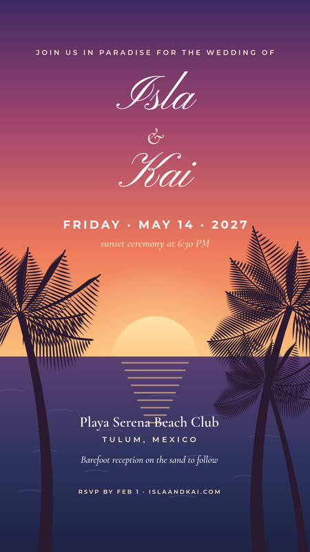 Tropical Sunset Beach Wedding Invitation Story