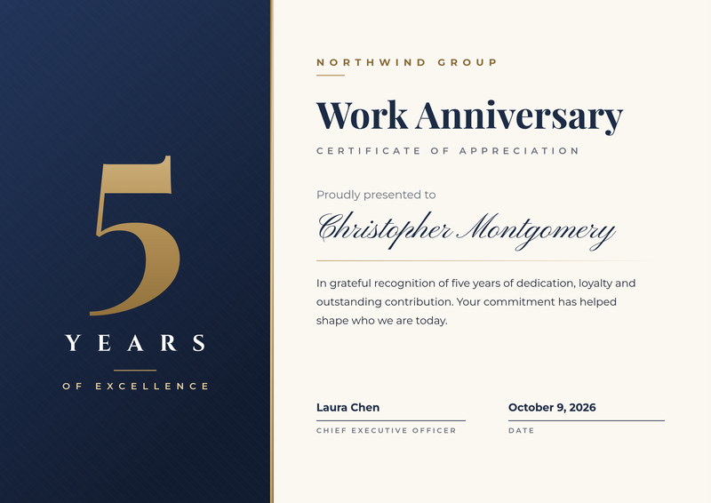 Elegant Work Anniversary Certificate