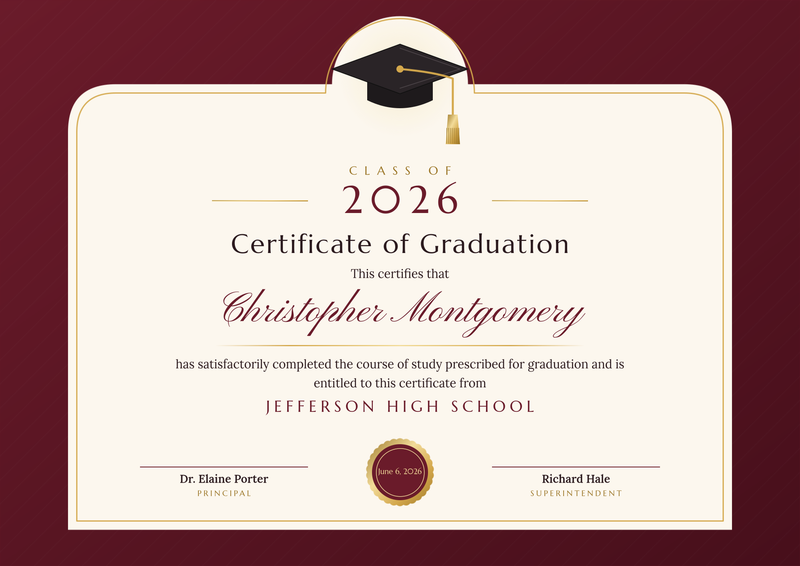 Maroon & Gold High School Graduation Certificate
