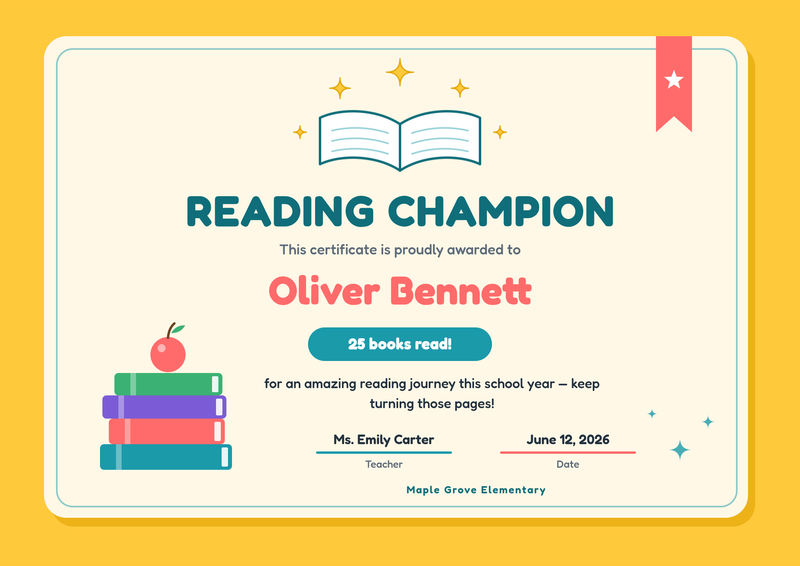 Kids Reading Champion Certificate