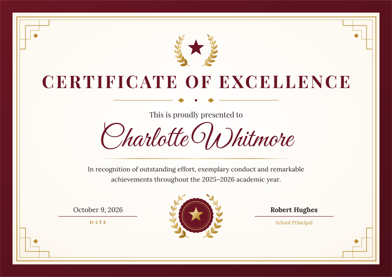 Burgundy & Gold Certificate of Excellence