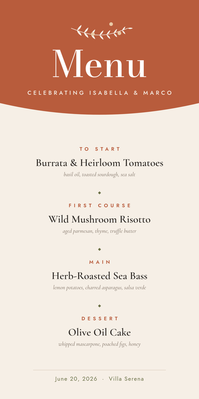 Terracotta Mediterranean Wedding Menu Card