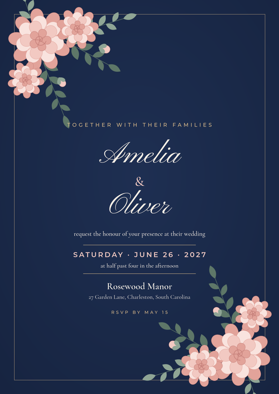 Navy & Blush Floral Wedding Invitation