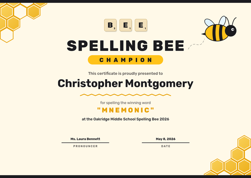 Spelling Bee Champion Certificate