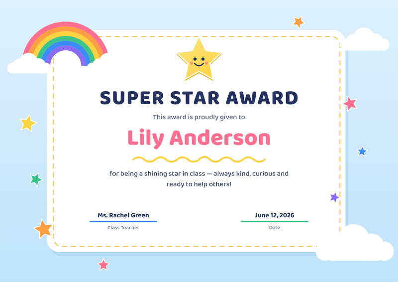 Kids Super Star Award Certificate