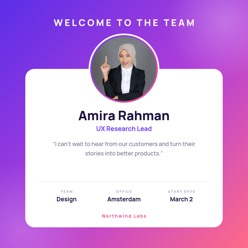 Welcome to the Team Post – Purple Gradient Card