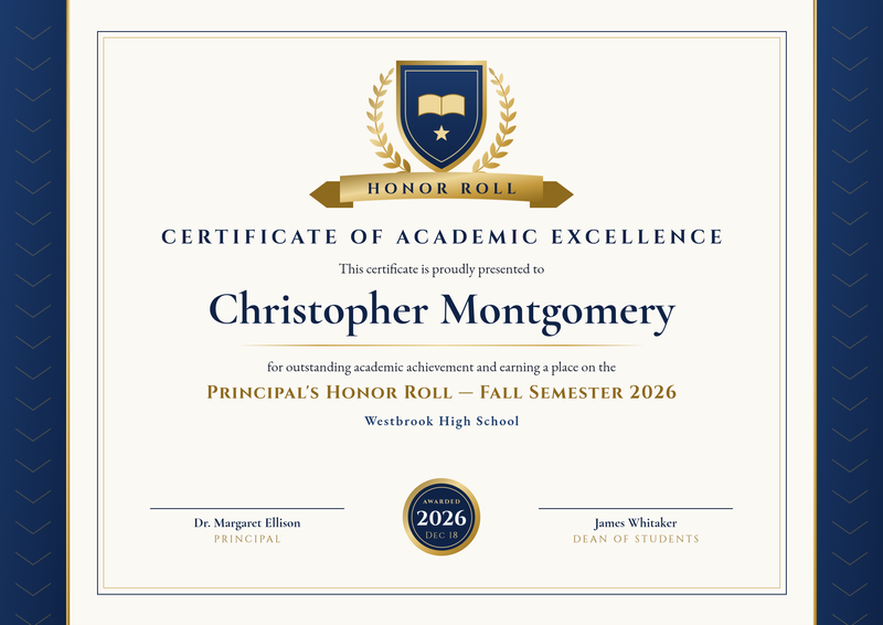 Navy & Gold Honor Roll Certificate
