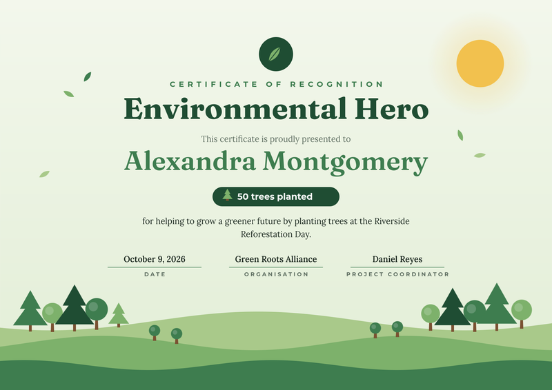 Green Environmental Hero Tree Planting Certificate