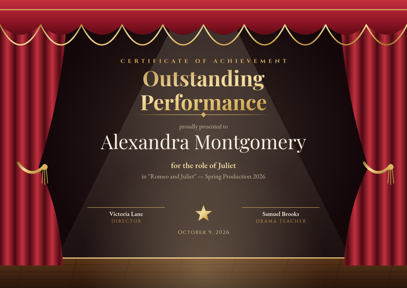 Red Curtain Theatre Performance Certificate