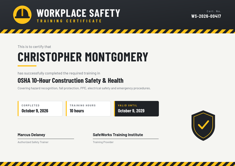 Workplace Safety Training Certificate