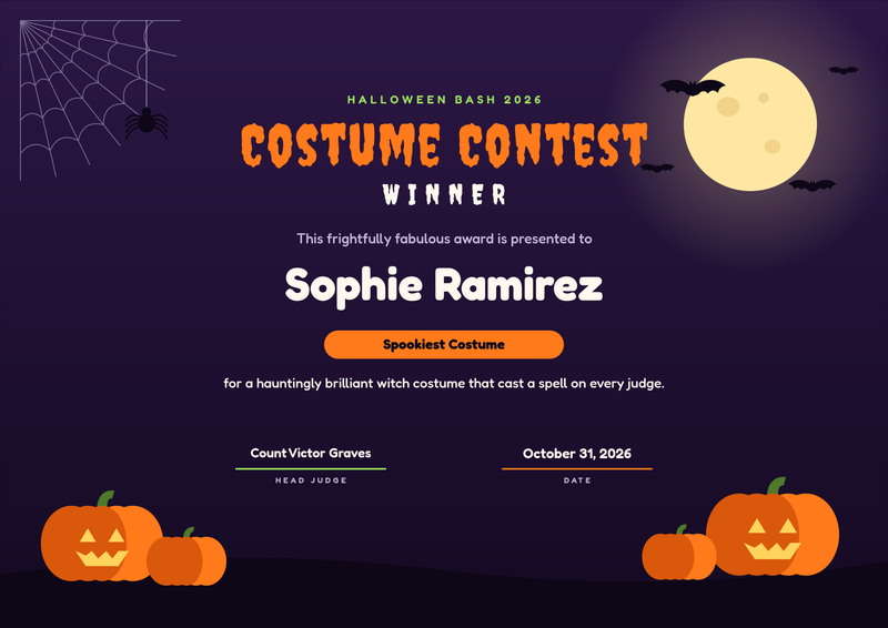 Halloween Costume Contest Winner Certificate
