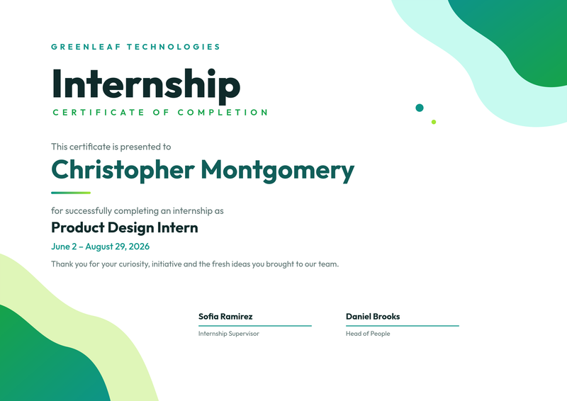 Fresh Green Internship Completion Certificate