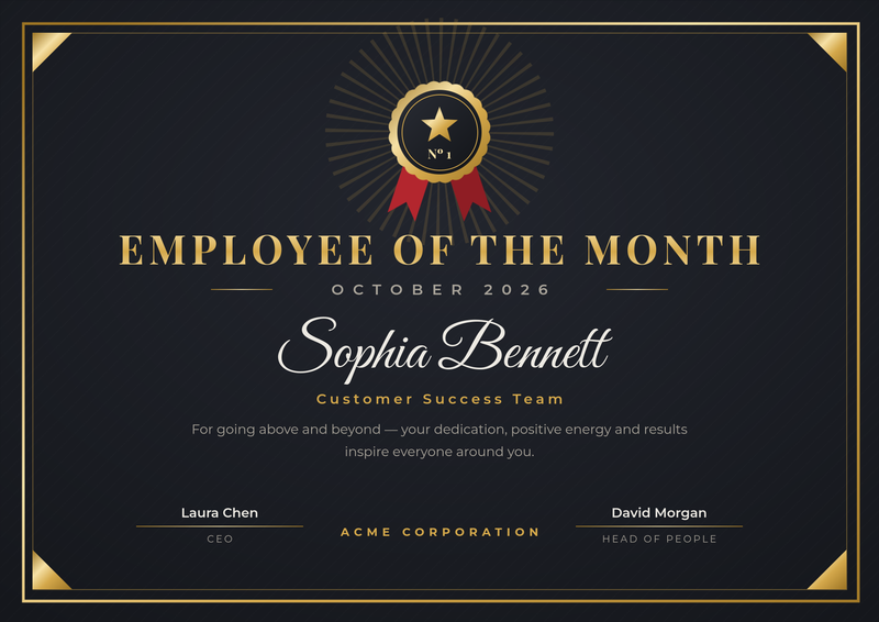 Black & Gold Employee of the Month Certificate