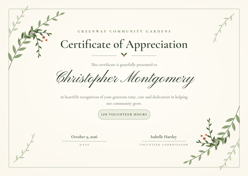 Botanical Volunteer Appreciation Certificate