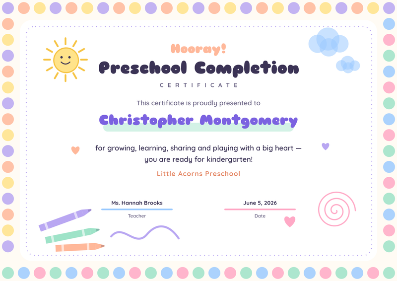 Pastel Crayons Preschool Completion Certificate