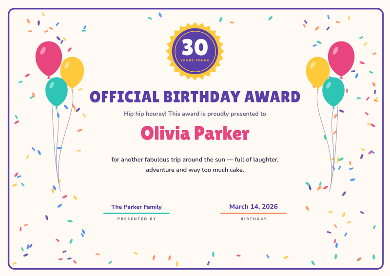 Official Birthday Award Certificate