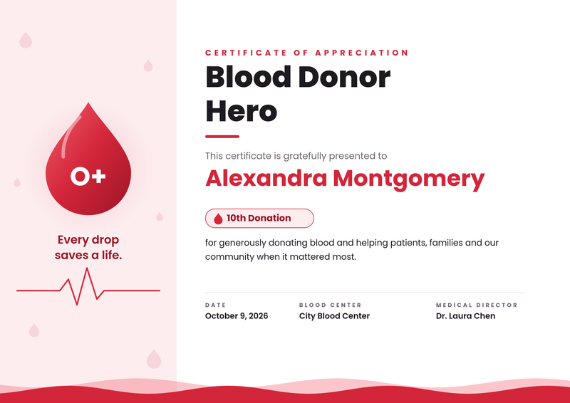 Red & White Blood Donor Appreciation Certificate