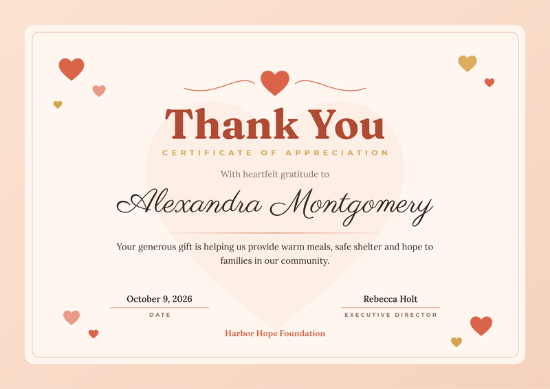 Warm Hearts Charity Donor Thank You Certificate